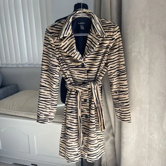Bebe Faux Fur Tiger Stripe Beige Black Belted Coat L